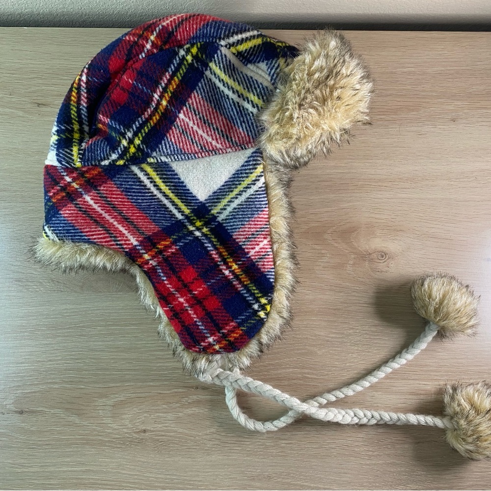 American Eagle Outfitters Trapper Cap Hat Plaid Flannel Faux Fur Trim One Size